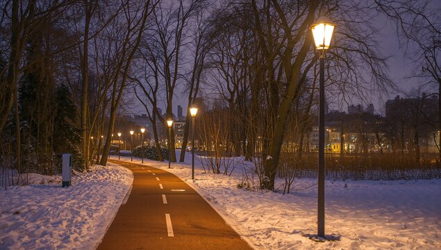 A bicycle lane lit by street lamps in a snowy park, winter ambiance