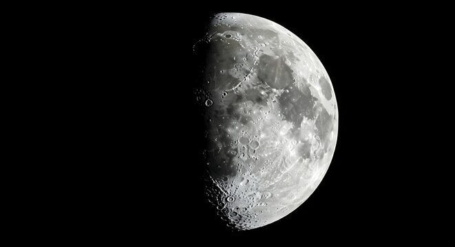 Close-up of half-lit lunar surface with craters against a deep black void