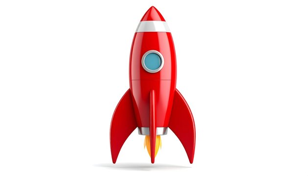 Red and white rocket model, with flames. Bright light reflection on the surface. Clean vector image isolated on white