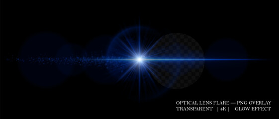 Bright lens flare with luminous halo, reflection circles, and soft glow. Perfect for overlays, light decorations, and digital highlights.