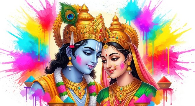 Lord krishna and radha celebrating holi festival with colors