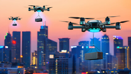 A futuristic vision of package delivery with a fleet of autonomous drones carrying containers over a modern city.