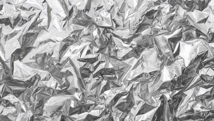 Top view of shiny crumpled silver foil with abstract folded aluminum texture in panoramic banner format