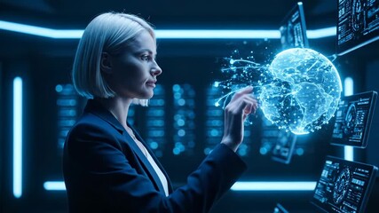 woman interacts with hologram globe using touch interface. display and screen with console data present. technology and analysis integrated in control room environment. user input registers in system. - Powered by Adobe