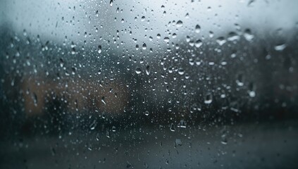 Close-up of a window on a rainy day, showcasing the soothing effect of raindrops, seasonal change