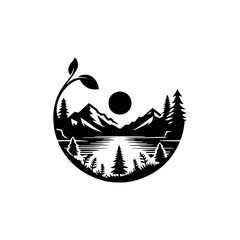 Silhouette mountain range and forest isolated on white background