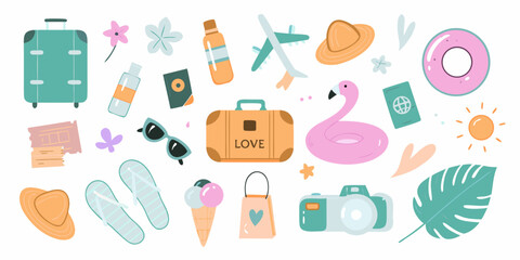 Collection of cute travel and vacation icons including suitcases airplane passport sunglasses ice cream and flamingo float