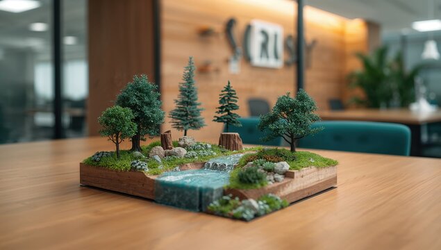 Miniature landscape diorama with trees and wood elements, suitable for art projects and nature-themed layouts