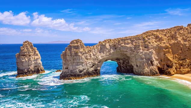 The iconic rock arch known as El Arco located at the edge of the peninsula's shoreline. - Powered by Adobe
