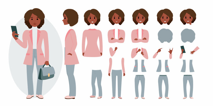 African american woman character creator kit with various poses outfits and accessories