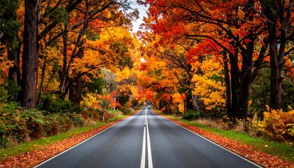 Fototapeta premium Road cutting through autumn foliage tunnel, with vibrant orange, red, and yellow leaves overhead