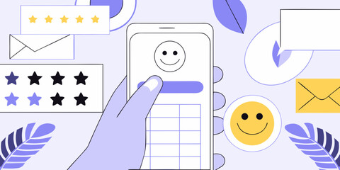 Customer feedback and satisfaction survey on a smartphone with star ratings and smiley faces