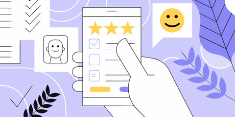 Customer feedback and satisfaction survey on a smartphone with stars and smiley face icon