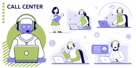 Diverse call center agents and a robot assistant providing customer support and technical assistance with laptops and headsets