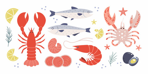 A delightful collection of colorful seafood illustrations including fish shrimp lobster crab salmon and lemon slices