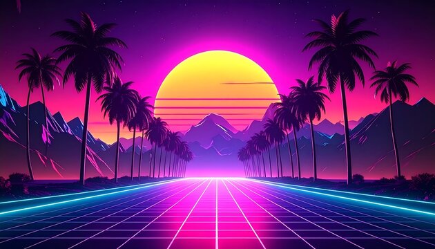 Retro-styled synthwave scene with neon grid road, silhouetted palm trees, mountains, and radiant sunset
