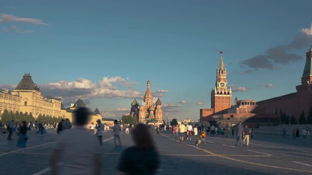 Red Square in Moscow. St. Basils Cathedral, Spasskaya Tower and the mausoleum, Russia