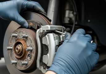 A mechanic is working on car's brakes and caliper. The focus is on auto repair and safety to ensure vehicle maintenance
