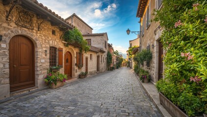 Obraz premium Cobbled street in historic town, architectural charm, urban preservation