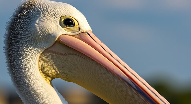 Close-up profile of a pelican's head and beak against a blurred blue sky