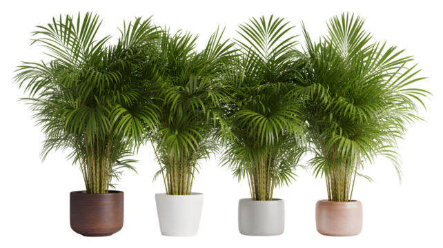 Four potted areca palm plants with lush green fronds in different colored pots, isolated on transparent background