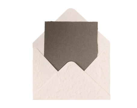 Brown craft envelope mockup presenting blank textured paper card for message, background isolated transparent personalized