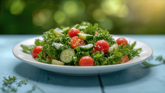 Fresh vegetarian salad arranged on a pale blue wooden surface, emphasizing a fiber-dense choice