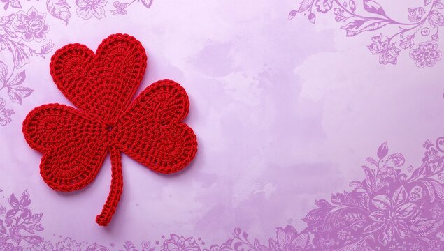 A St. Patrick's Day themed display of red crocheted hearts shaped like a four-leaf clover on a lilac background, festive decoration