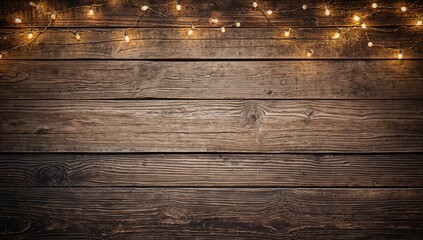 Rustic wooden backdrop with holiday lights, suitable for festive text layout
