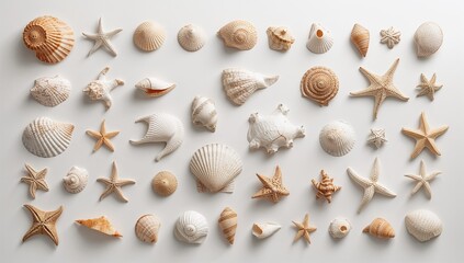 Assortment of different seashells and starfish, graphic elements on a white backdrop.