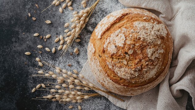 Whole grain spelt bread on a towel with flour and oil, fiber-dense choice