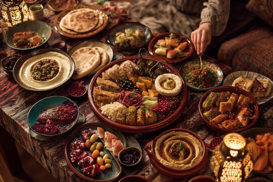 A family gathering for a festive meal with a lavish spread of 'mezze' dishes, symbolizing Lebanese hospitality and joy.
