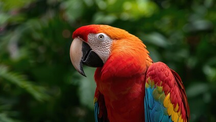 Close-up of a red macaw parrot perched among foliage, showcasing vibrant plumage, nature's beauty