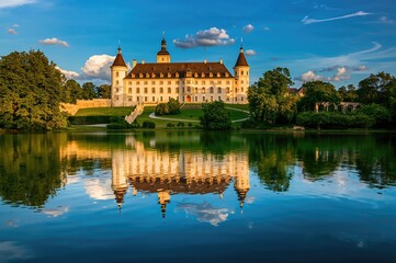 Fototapeta premium Historic castle reflected in serene water, a cultural landmark and popular travel spot.