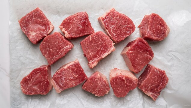 Top-down perspective of uncooked cube steaks on parchment paper