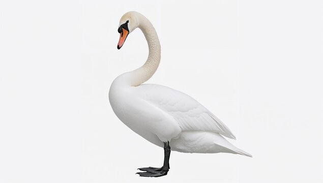 Male white Mute swan in profile, gazing at the camera, isolated against a white backdrop, wildlife observation