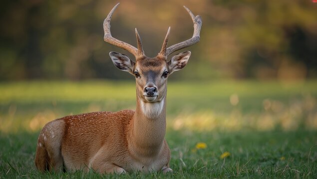 Male fallow deer (dama dama) with antlers resting on grassy ground, focus on wildlife observation