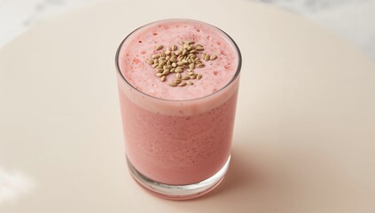 A glass filled with strawberry smoothie placed against a cream backdrop, a refreshing and nutritious drink choice