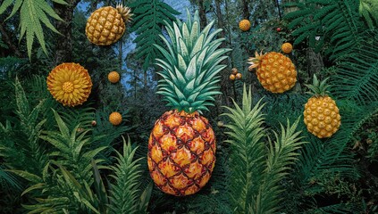 Fototapeta premium Embroidered vibrant pineapples, textile art with a decorative flair