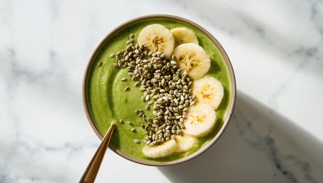 Green smoothie bowl featuring banana, kiwi, and hemp seeds, fiber-dense choice