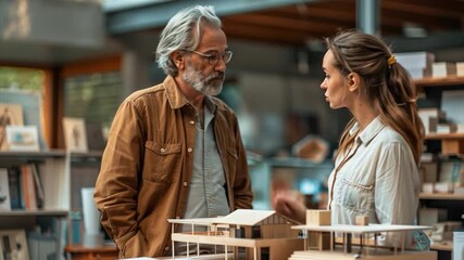 Two architects engage in a discussion about architectural models. The setting is a well-lit studio filled with design materials, showcasing their collaborative process on a project