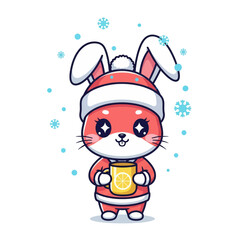 A cute pink cartoon rabbit in a winter hat and coat holds a warm lemon drink as snowflakes fall.