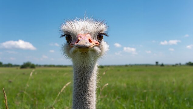 A cheerful ostrich standing in a lush green field, embodying a tranquil outdoor scene