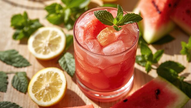 Fresh watermelon beverage infused with mint, refreshing summer drink