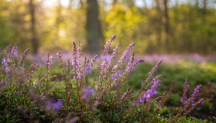 Obraz premium Macro photography of heather blooming in a spring forest, showcasing seasonal change