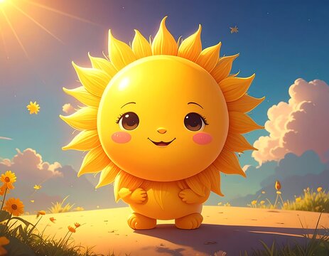 Adorable cartoon sun with rosy cheeks and a happy expression, outside - Powered by Adobe