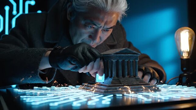 Man places chip into bank model. Closeup shows chip bank data security. Image evokes cybersecurity and hacking breach for finance and technology. Investigator inspects miniature. Composition warns.
