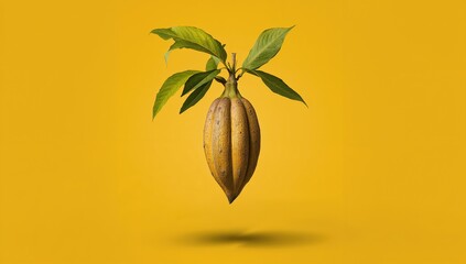 Fototapeta premium Cocoa pod suspended in mid-air against a yellow backdrop, exploring levitation concepts