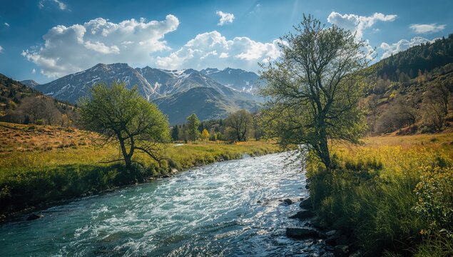 Mountain river landscape with flowing water and trees, highlighting seasonal change