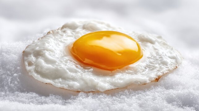 Perfectly fried sunny side up egg with golden yolk on white plate, showing crispy edges and delicate texture on snowy salt surface